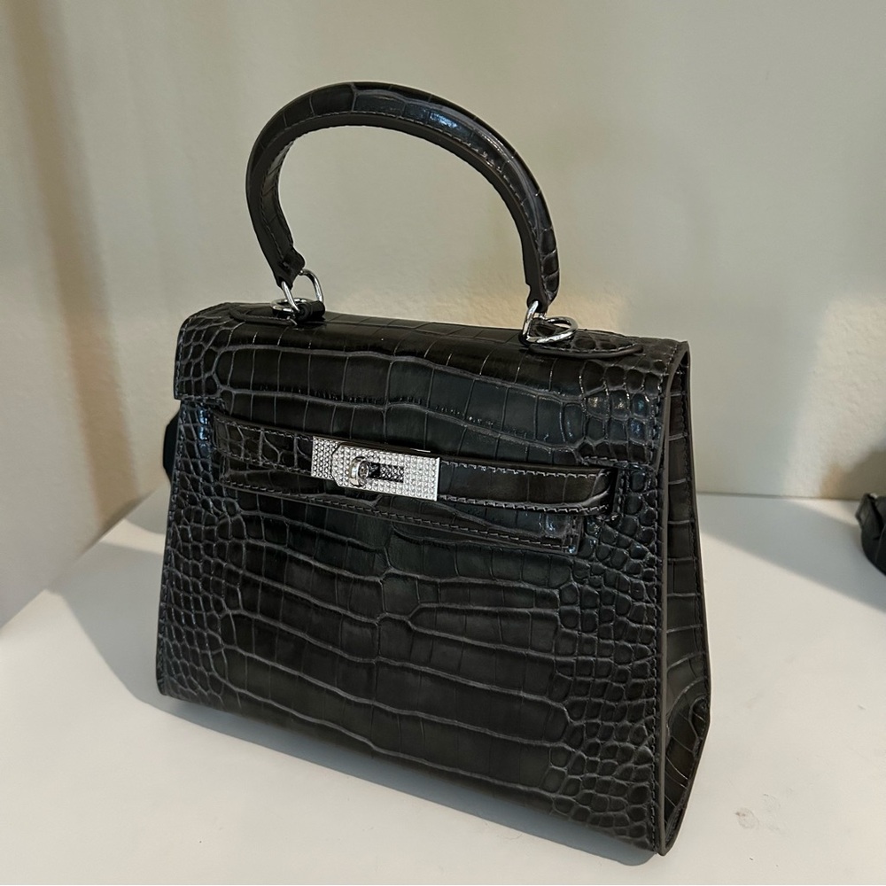 25cm Dark Gray Croc-Embossed Top-Handle Bag